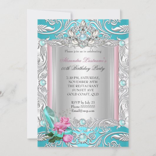 Invitation Princesse Anniversaire Fête Turquoise Rose Haut ta (Devant)