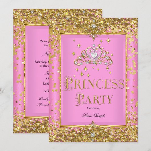 Invitation Princesse Anniversaire Pink Gold Tiara (Devant / Derrière)