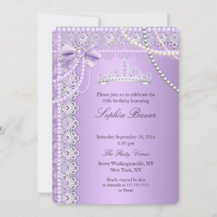 Invitation Princesse Anniversaire Ruban Dentelle Perle Violet