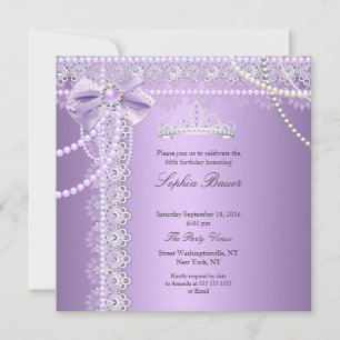 Invitation Princesse Anniversaire Ruban Dentelle Perle Violet