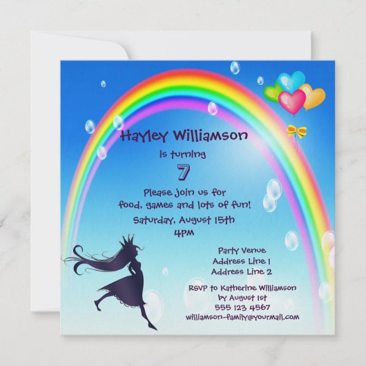 Invitation Princesse, Arc-en-ciel, bulles et ballons Annivers (Devant)
