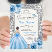Invitation Princesse Argent et Roses Bleus Mis Quince