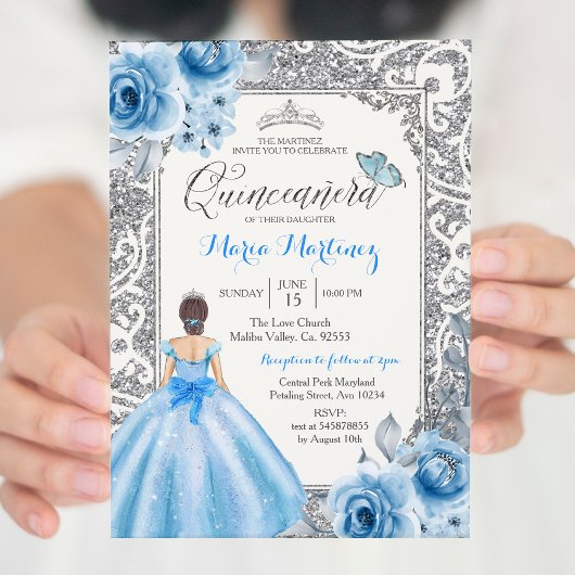 Invitation Princesse Argent et Roses Bleus Mis Quince