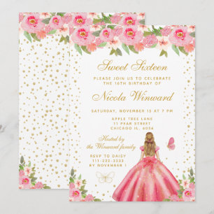 Invitation Princesse aux Cheveux Blonds Fleur Rose Sweet Sixt