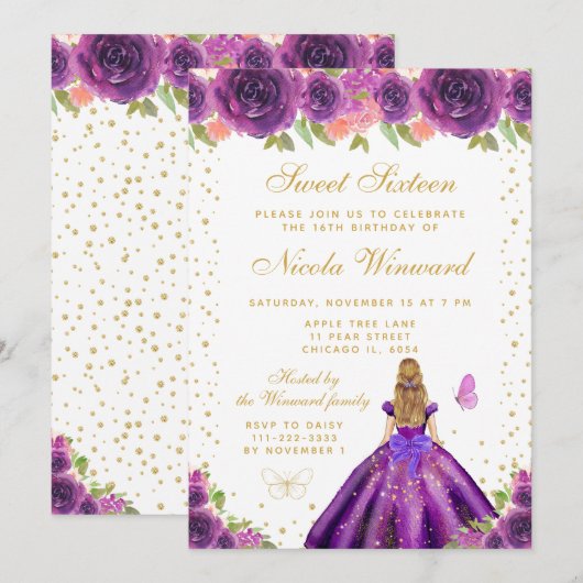 Invitation Princesse aux Cheveux Blonds Fleur Violette Sweet (Devant / Derrière)