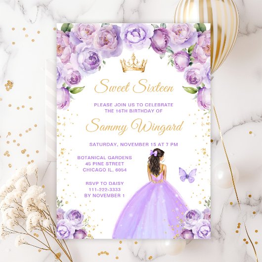 Invitation Princesse aux Cheveux Brun Clair Violet Douce Seiz