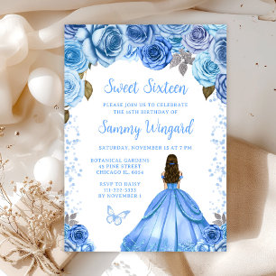 Invitation Princesse aux Cheveux Bruns Baby Blue Sweet Sixtee