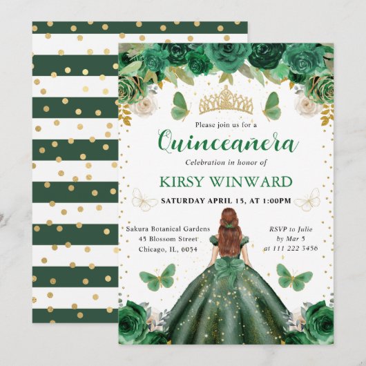 Invitation Princesse aux Cheveux Rouges en Robe Verte pour Qu (Devant / Derrière)