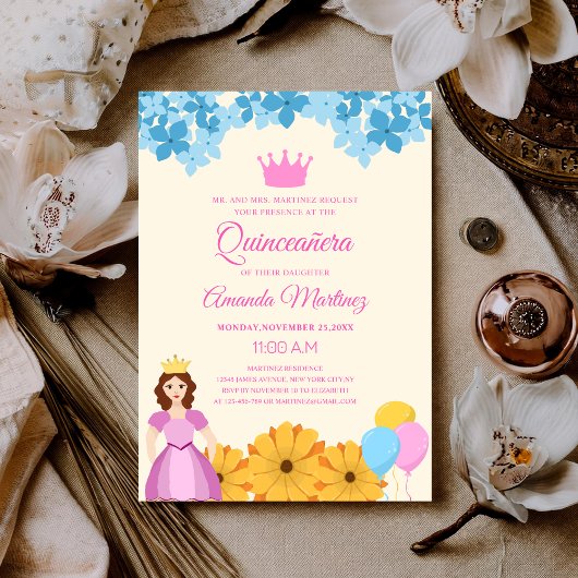 Invitation princesse avec fleurs élégante vibrante quinceañer