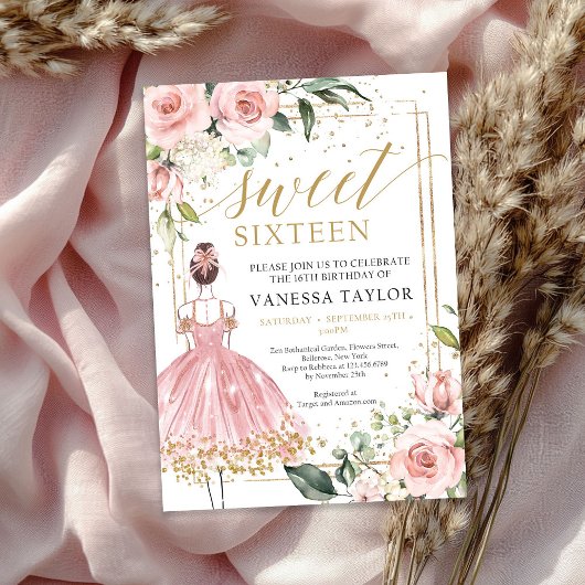 Invitation Princesse avec robe rose cadre floral or blush