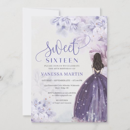 Invitation princesse avec robe violette printemps bohème (Devant)