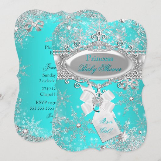 Invitation Princesse Baby shower Aqua Blue Winter Wonderland (Devant / Derrière)