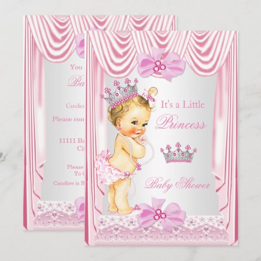 Invitation Princesse Baby shower Blonde fille Soie rose (Devant / Derrière)