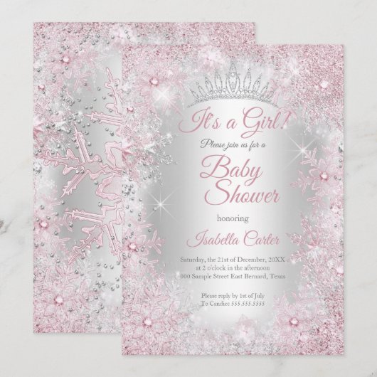 Invitation Princesse Baby shower Blush Pink Winter Wonderland (Devant / Derrière)