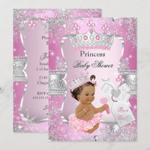 Invitation Princesse Baby shower en argent rose Brunette Girl