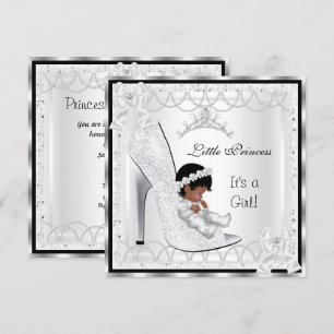 Invitation Princesse Baby Shower Fille Argent Chaussure Blanc
