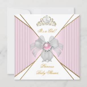 Invitation Princesse Baby shower fille blanche rose Pearl or