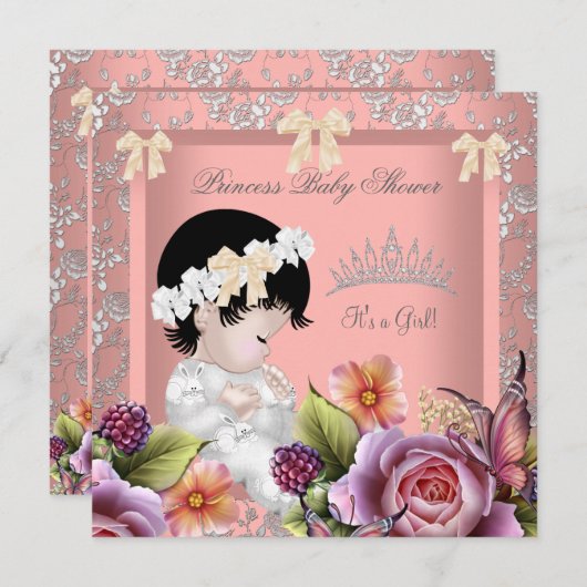Invitation Princesse Baby shower Fille Corail Rose Rose Tiara (Devant / Derrière)