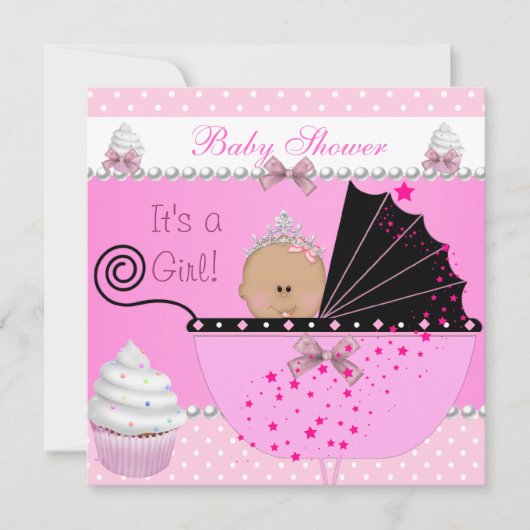 Invitation Princesse Baby shower Fille Cupcake rose saupoudre (Devant)