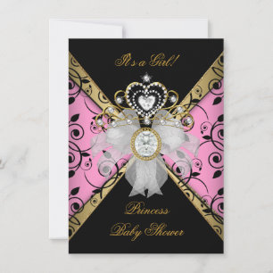 Invitation Princesse Baby Shower Fille Damassé Noir Rose