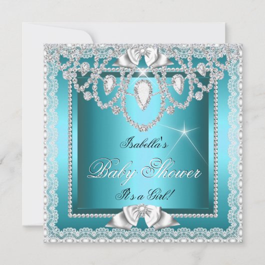 Invitation Princesse Baby shower fille Dentelle Turquoise Dia (Devant)