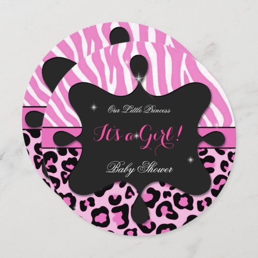 Invitation Princesse Baby shower fille léopard rose Zebra 2 (Devant / Derrière)