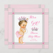 Invitation Princesse Baby shower fille perles roses Brunette (Devant / Derrière)