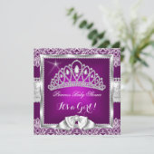 Invitation Princesse Baby shower Fille Plum rose Silver dente (Debout devant)