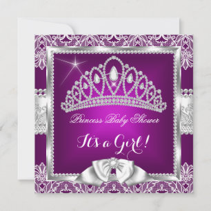 Invitation Princesse Baby shower Fille Plum rose Silver dente