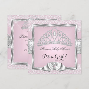 Invitation Princesse Baby Shower Fille Rose Argent Broderie 3