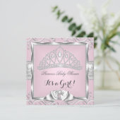 Invitation Princesse Baby shower fille rose argent damask (Debout devant)