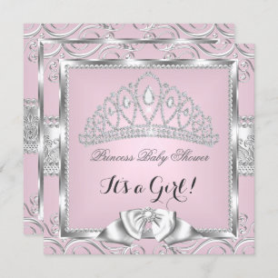 Invitation Princesse Baby shower fille rose argent damask