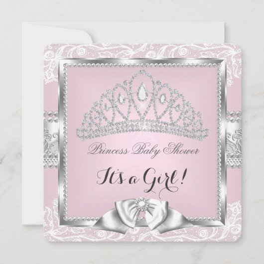 Invitation Princesse Baby shower fille rose argent dentelle 4 (Devant)