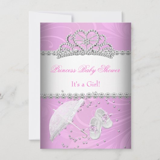 Invitation Princesse Baby shower fille rose blanche Tiara (Devant)