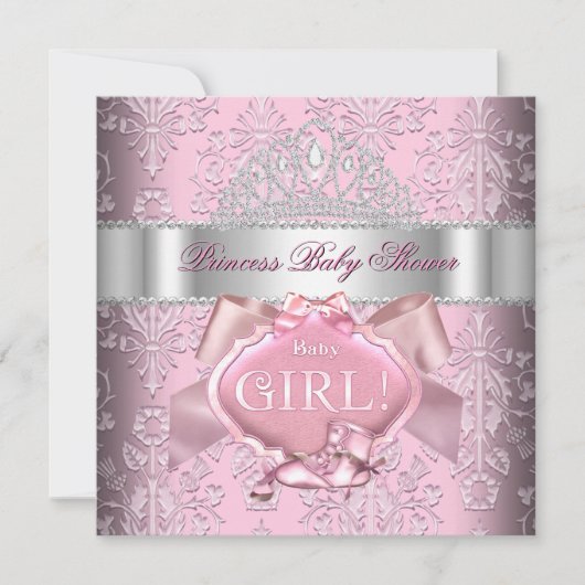 Invitation Princesse Baby shower fille rose Damas Tiara 2 (Devant)