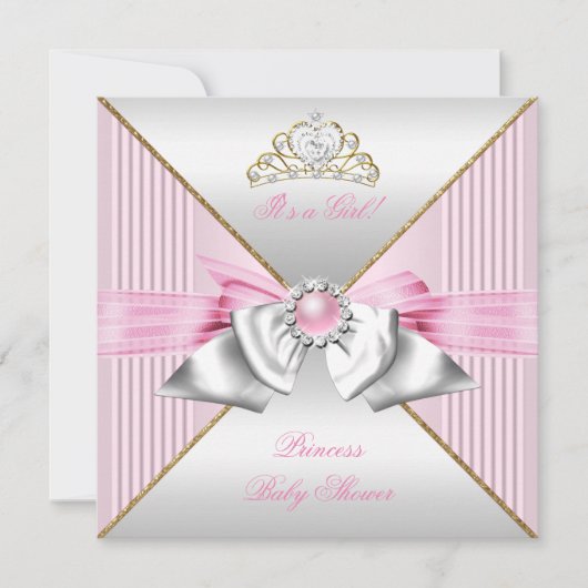 Invitation Princesse Baby shower fille rose perle or argent 2 (Devant)