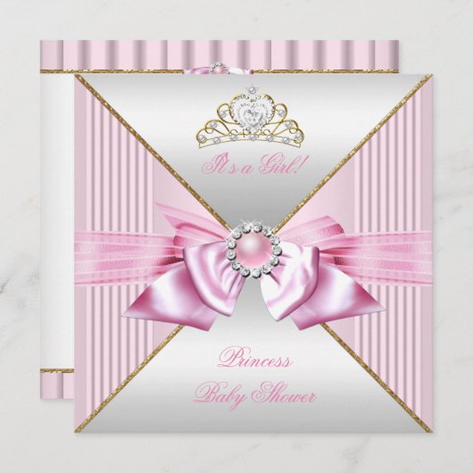 Invitation Princesse Baby shower fille rose perle or blanc 3 (Devant / Derrière)