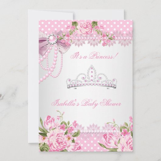 Invitation Princesse Baby shower Fille Rose Pois (Devant)