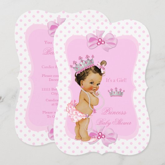 Invitation Princesse Baby shower fille rose Poka Dot Brunette (Devant / Derrière)