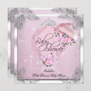 Invitation Princesse Baby shower fille rose Roses en argent