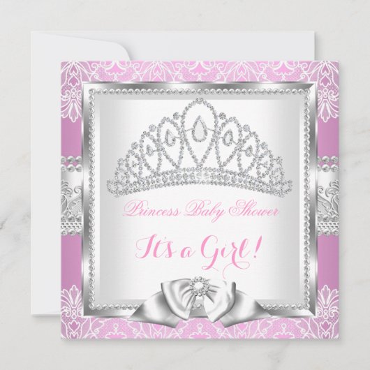 Invitation Princesse Baby shower Fille Rose Silver Dentelle 2 (Devant)