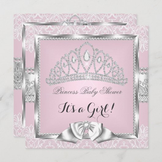 Invitation Princesse Baby shower Fille Rose Silver Lace 3 (Devant / Derrière)