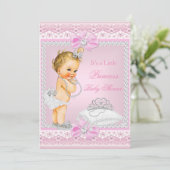Invitation Princesse Baby shower fille rose Tiara Coeur Blond (Debout devant)