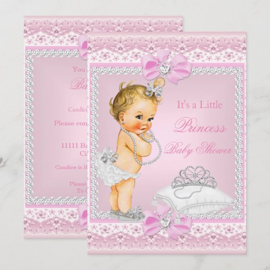 Invitation Princesse Baby shower fille rose Tiara Coeur Blond (Devant / Derrière)