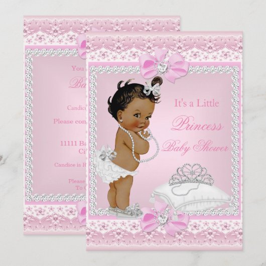 Invitation Princesse Baby shower fille rose Tiara Coeur Ethni (Devant / Derrière)