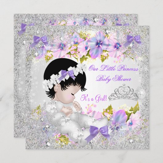 Invitation Princesse Baby shower Fille rose violet Flocon de  (Devant / Derrière)