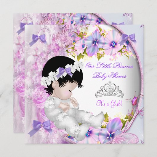 Invitation Princesse Baby shower fille rose violet floral 3 (Devant / Derrière)