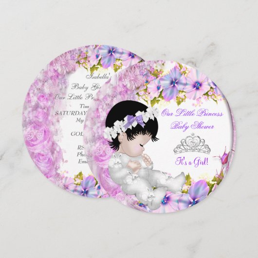 Invitation Princesse Baby shower fille rose violet Floral 3a (Devant / Derrière)