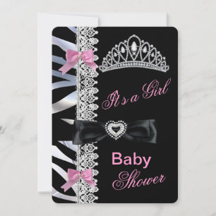 Invitation Princesse Baby shower fille Tiara Zebra rose noir