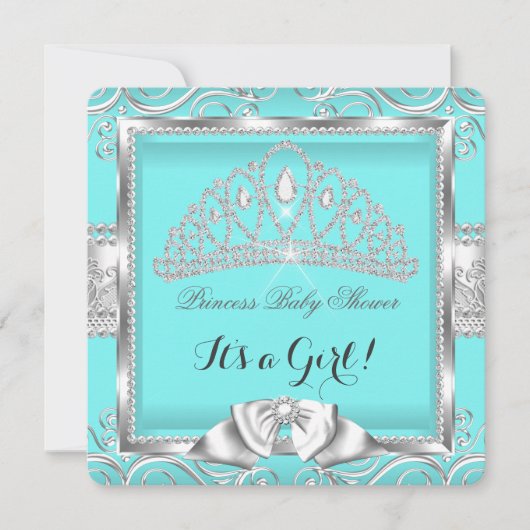 Invitation Princesse Baby shower fille Turquoise Argent damas (Devant)